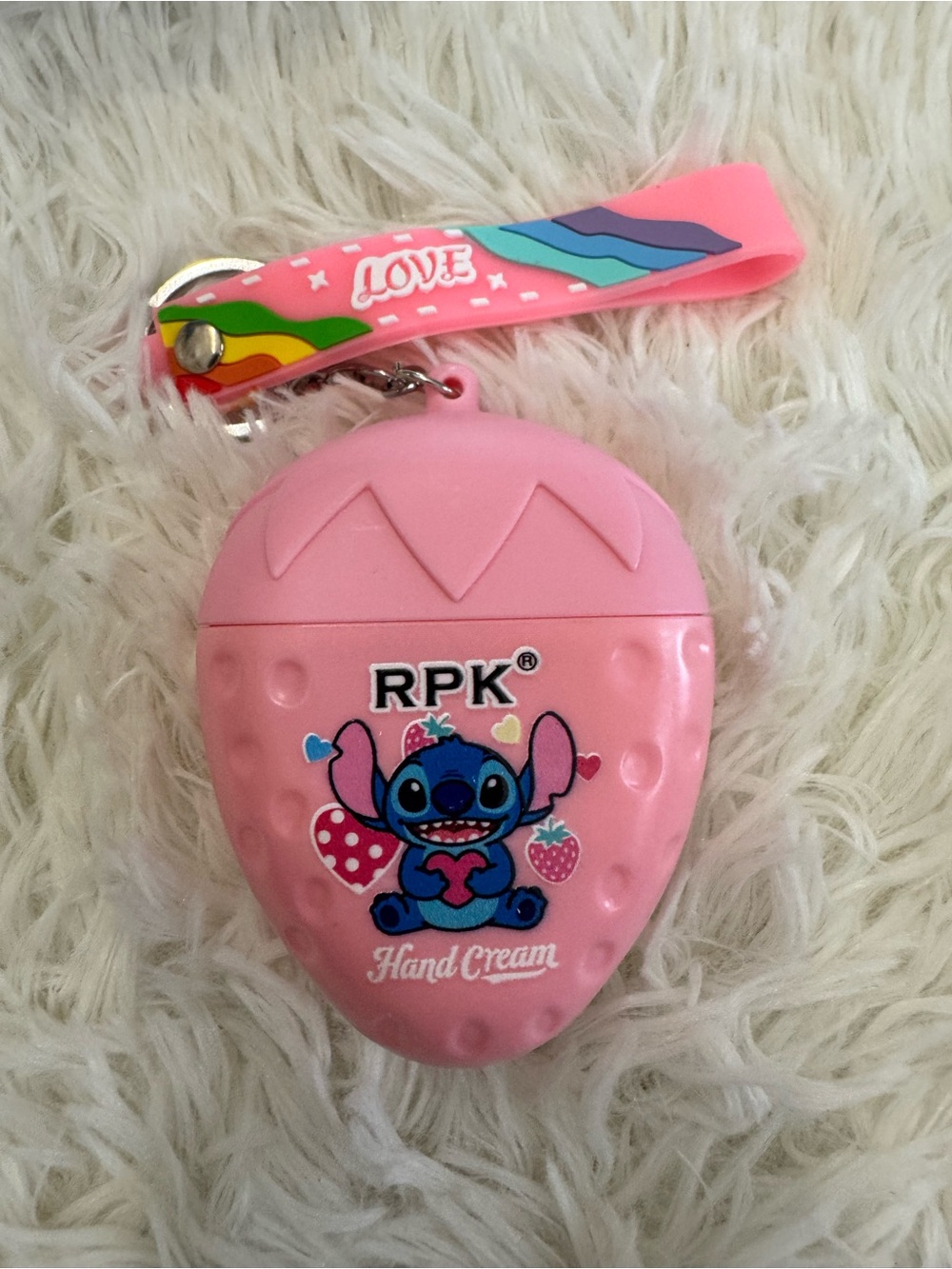 Pink Strawberry container Hand Cream Keychain with Cute Stitch Design and strap